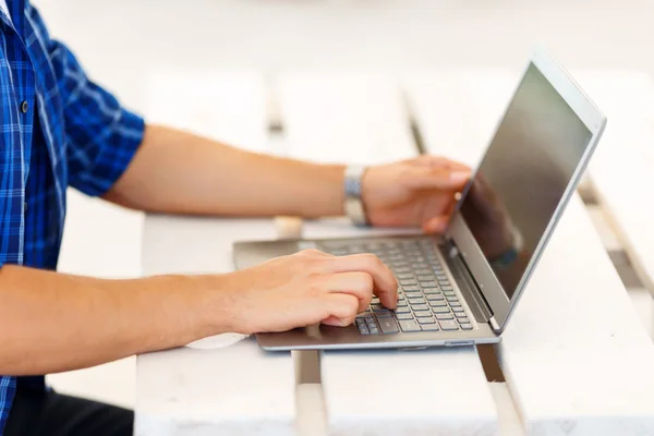 Positive freelancer working on the  laptop — Stok fotoğraf