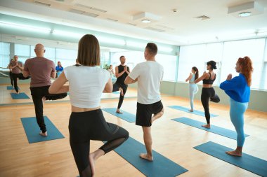 Sportif insanlar yoga dersinde yaşam tarzı sağlıklı vücut egzersizleri yapıyor. Sağlıklı yaşam tarzı, spor, jimnastik, yoga stüdyosu