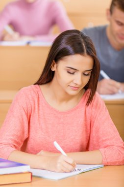 Student is busy writing in her textbook.