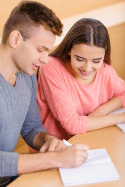 Two college students are working with their notes.