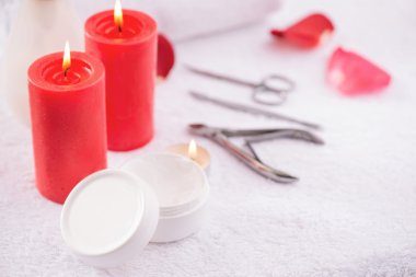 Red candles burning on the table