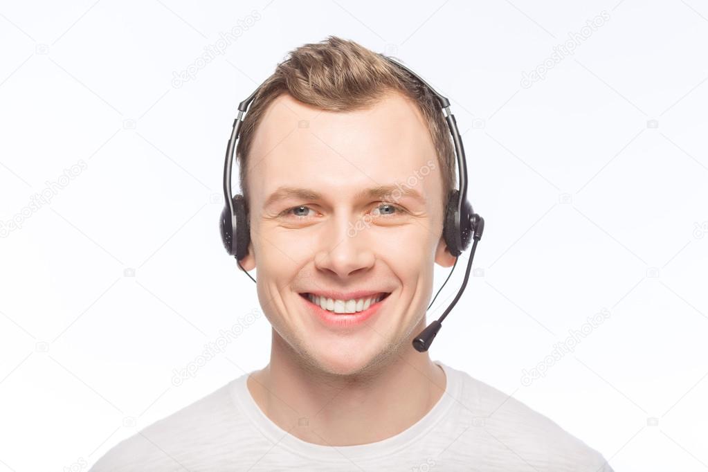 Handsome man wearing a headset.