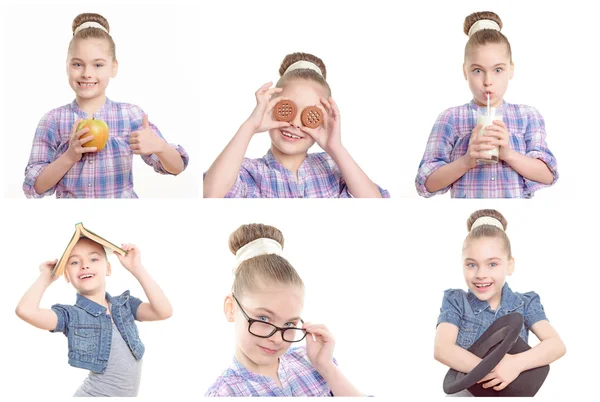 Meisje spelen rond met diverse voorwerpen. — Stockfoto