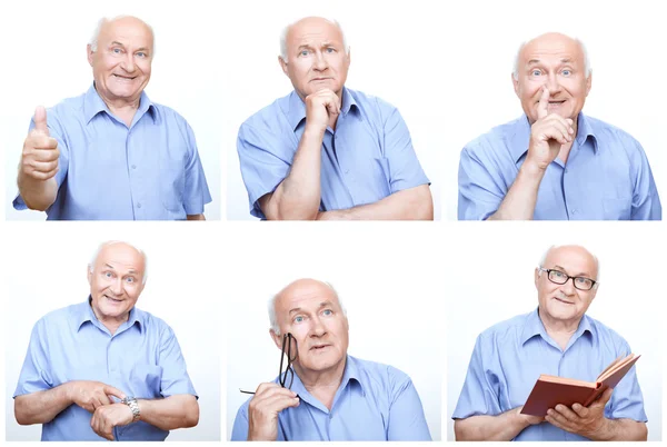 Homem sênior agindo de forma diferente para cada foto . — Fotografia de Stock