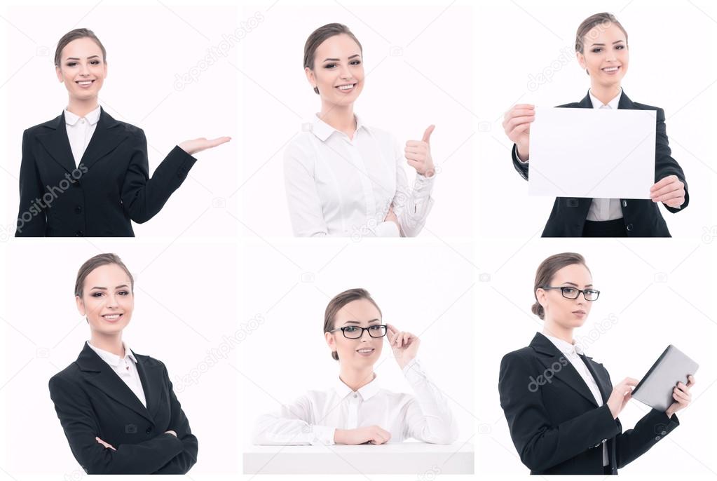 Businesswoman during presentation with multiple objects.