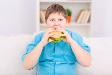 Tombul çocuk bir hamburger yiyor.