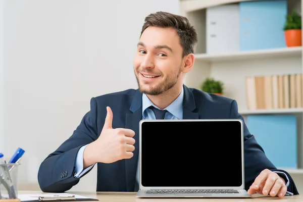 Diligent office worker pointing out his laptop Royalty Free Stock Images