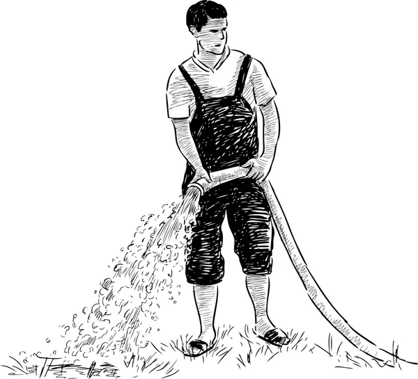 Садовник поливает газон — стоковый вектор