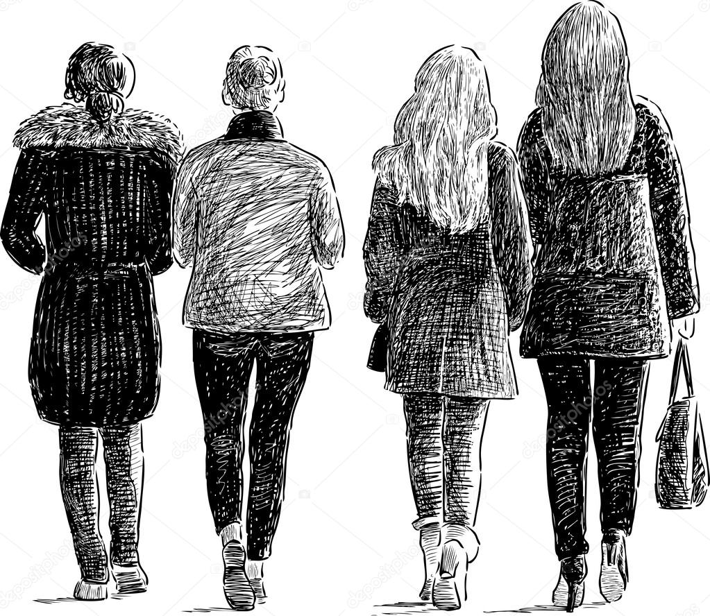 Girls walking on a city street — Stock Vector © chronicler101 107441906