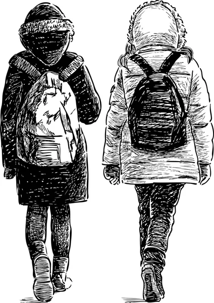 Kız öğrenciler yürüyüş — Stok Vektör