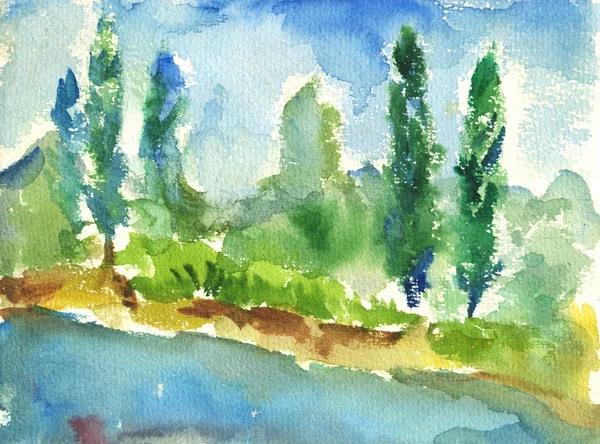 Watercolor landscape of a river coast — Stock Photo, Image