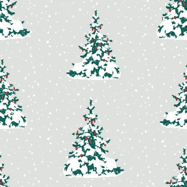 Modello Senza Cuciture Albero Natale Disegnato Dicembre Nevoso — Vettoriale Stock