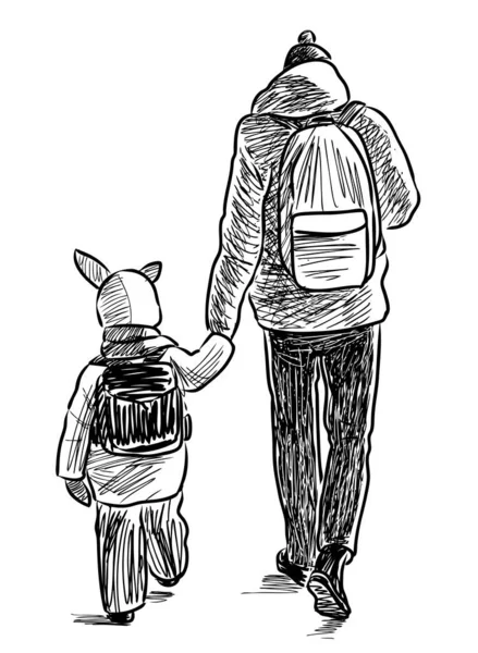 Bosquejo Padre Con Pequeño Hijo Caminando Por Calle — Vector de stock