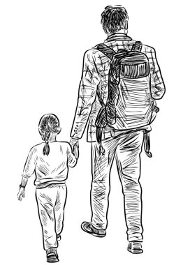 Bir baba ve küçük kızının açık havada dolaşırken serbest çizimi.