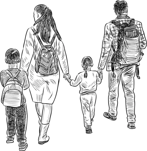 Dessin Main Levée Jeune Famille Avec Petits Enfants Marchant Extérieur — Image vectorielle