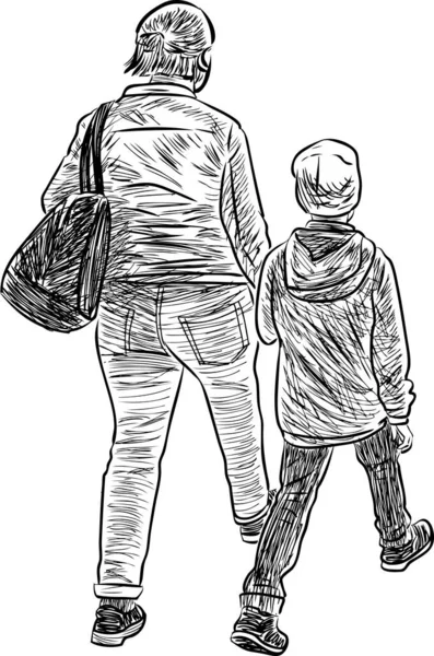 Sketsa Ibu Dengan Anak Kecilnya Melangkah Sepanjang Jalan - Stok Vektor