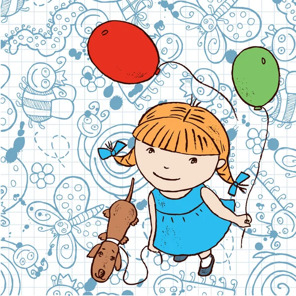 Imagem Vetorial Menina Com Cão Balões Fundo Insetos Doodles Engraçados — Vetor de Stock