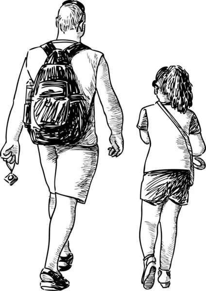 Freehand Drawing Father His Little Daughter Walking Outdoors Summer Day — Archivo Imágenes Vectoriales