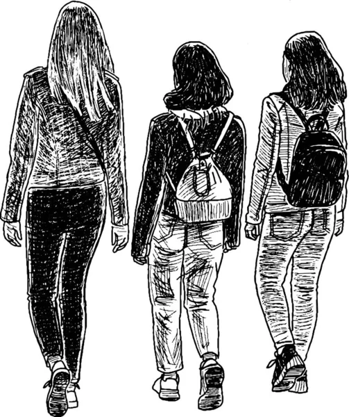 Contour Drawing Three Student Girls Walking Outdoors Together — Vector de stock
