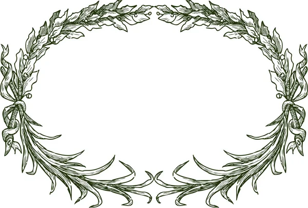 Vector Drawing Decorative Oval Floral Frame Triumphal Laurel Branches Ribbons — Archivo Imágenes Vectoriales