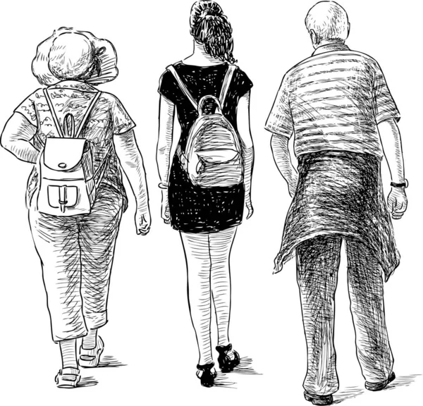 Sketch Grandparents Granddaughter Going Stroll Together — Stock Vector
