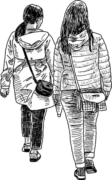 屋外で一緒に歩いて二人の十代の女の子の輪郭の描画 — ストックベクタ