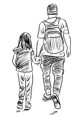 Küçük kızıyla birlikte yaz günü dışarı çıkan genç adamın çizimi.