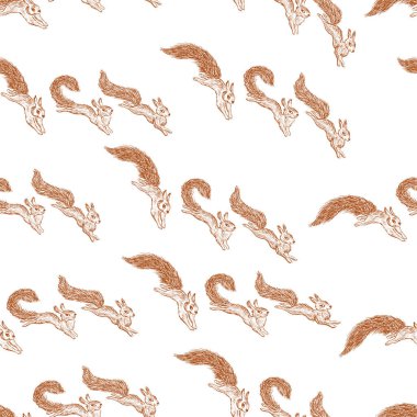 Çizimlerin kusursuz deseni kırmızı, vahşi, zıplayan sincaplar.