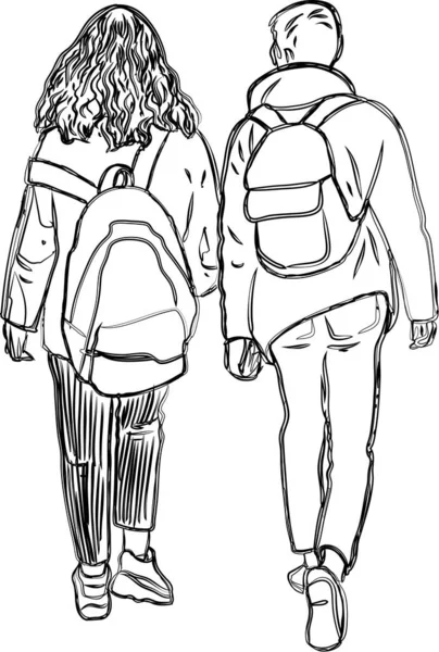 Contour Vector Drawing Couple Teenagers Walking Together Street — Stock Vector