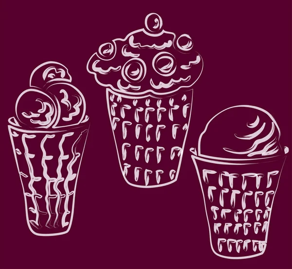 各种冰淇淋华夫饼杯的弧形矢量水彩刷绘图 — 图库矢量图片