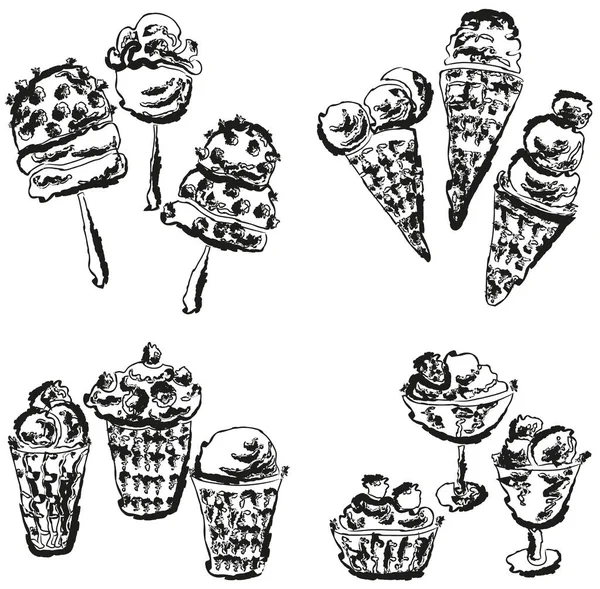 Contour Textured Vector Drawings Various Ice Cream — Stock Vector