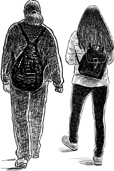 Desenho Mão Livre Casal Jovens Cidadãos Modernos Caminhando Para Passeio — Vetor de Stock