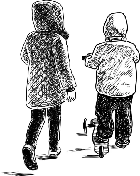 Dibujo Mano Alzada Niños Pequeños Con Scooter Caminando Para Dar — Archivo Imágenes Vectoriales