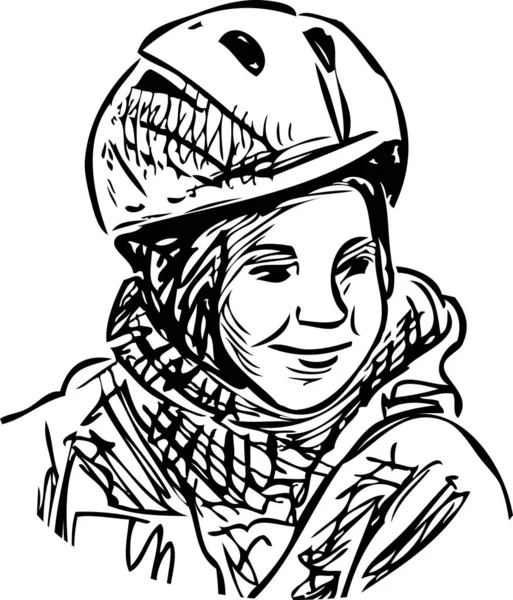 Croquis Portrait Joyeux Enfant Souriant Dans Casque Cycle — Image vectorielle