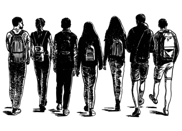グループのベクトル描画10代の学生一緒に屋外で歩く — ストックベクタ