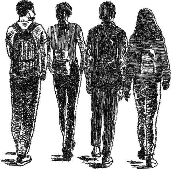 屋外で一緒に歩くシルエットのベクトルドアの描画10代の学生 — ストックベクタ