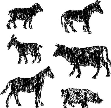 Çeşitli çiftlik hayvanlarının profil siluetlerini çizen vektör çizimi