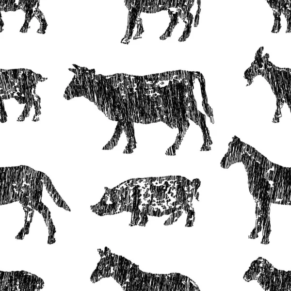Seamless Pattern Doodle Drawings Profile Silhouettes Various Farm Animals — 스톡 벡터