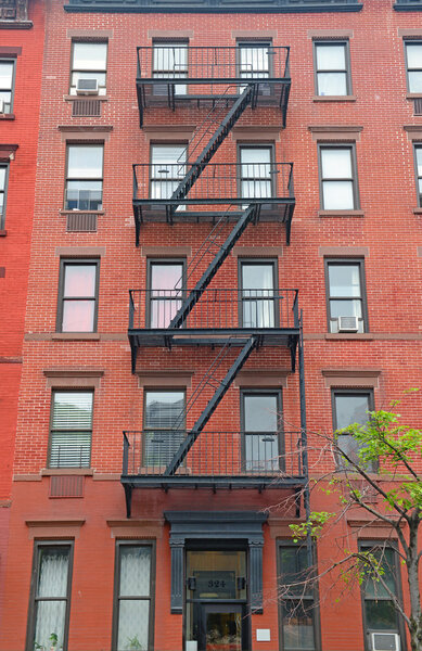 Fire escape stairway on brick building exterior