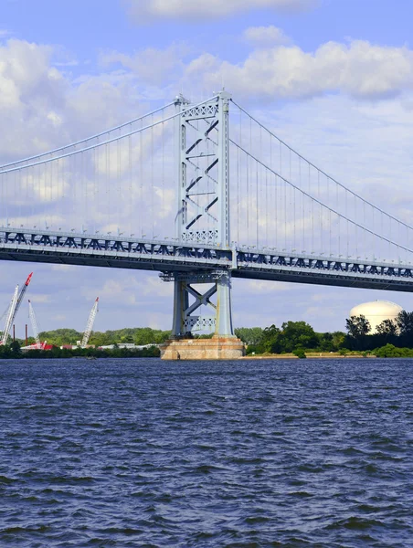 Benjamin Franklin Bridge, který byl v úřední oblasti nazýván Ben Franklin Bridge, přes řeku Delaware spojující Filadelfii, Pennsylvánii a Camden, New Jersey provozuje železniční automobily i motorová vozidla — Stock fotografie