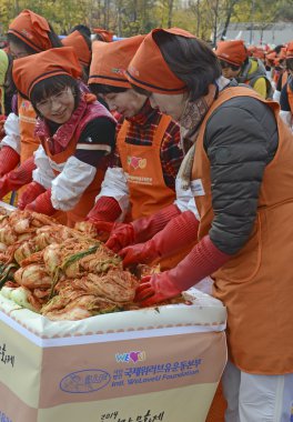 Seul. 16 Kasım 2014. Son zamanlarda yapılan Kimchi yapma ve paylaşım Festivali Gimjang uzun kış boyunca almak için yeterli kimchi aileler var emin olmak için önemli Kore geleneği içerir.