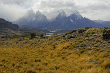 Torres del Paine, Şili, Patagonya'engebeli dağ manzarası