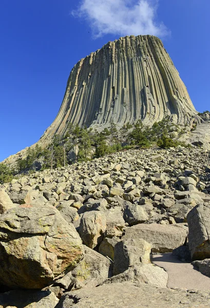 Devils Tower National Monument, a geological landform rising from the grasslands of Wyoming, is a popular tourist attraction, source for Native American legend and rock climbing goal for climbers — Stock Photo, Image