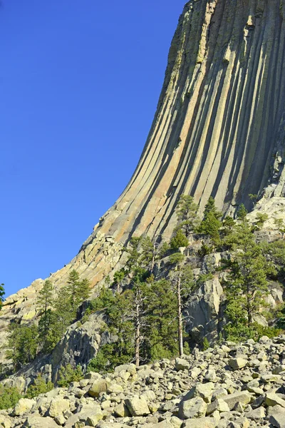 Devils Tower National Monument, un relief géologique s'élevant des prairies du Wyoming, est une attraction touristique populaire, source de légende amérindienne et objectif d'escalade pour les grimpeurs — Photo