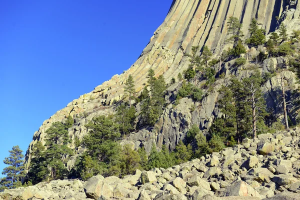 Ördögök Tower nemzeti emlékmű, a geológiai landform emelkedik a gyepek Wyoming, a népszerű turisztikai attrakciója, indián legenda és sziklamászás cél hegymászók — Stock Fotó