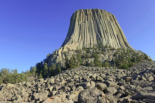 Devils Tower National Monument, una forma geológica terrestre que surge de las praderas de Wyoming, es una atracción turística popular, fuente de leyenda nativa americana y objetivo de escalada en roca para los escaladores. — Foto de Stock