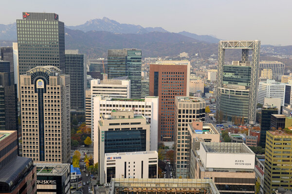 SEOUL - CIRCA NOVEMBER 2014. Air pollution generated and carried from urban China has plagued residents of Seoul as the smoggy air conditions and limited visibility in the heart of Seoul demonstrates.