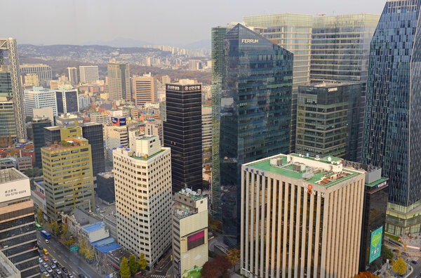 SEOUL - CIRCA NOVEMBER 2014. Air pollution generated and carried from urban China has plagued residents of Seoul as the smoggy air conditions and limited visibility in the heart of Seoul demonstrates.