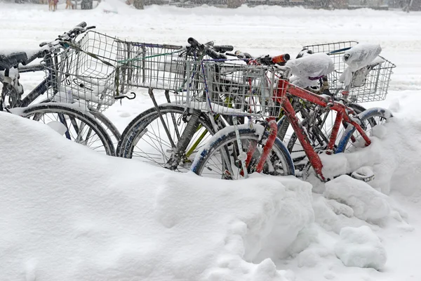 Bicicletas cubiertas de nieve encadenadas en tormenta de nieve — Foto de Stock