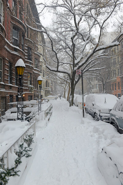 Snow covered street in Manhattan, New York